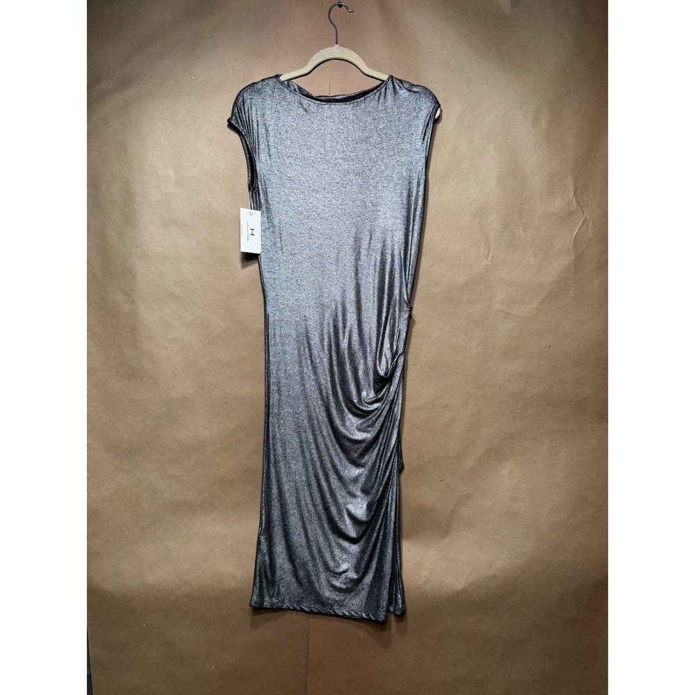 NWT Halston Silver Metallic Ruched Side Midi Dress